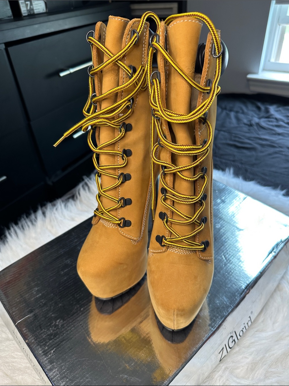 ZIGI girl Mustard Tan Lace-Up Suede Heeled Boots with Yellow Accented Laces